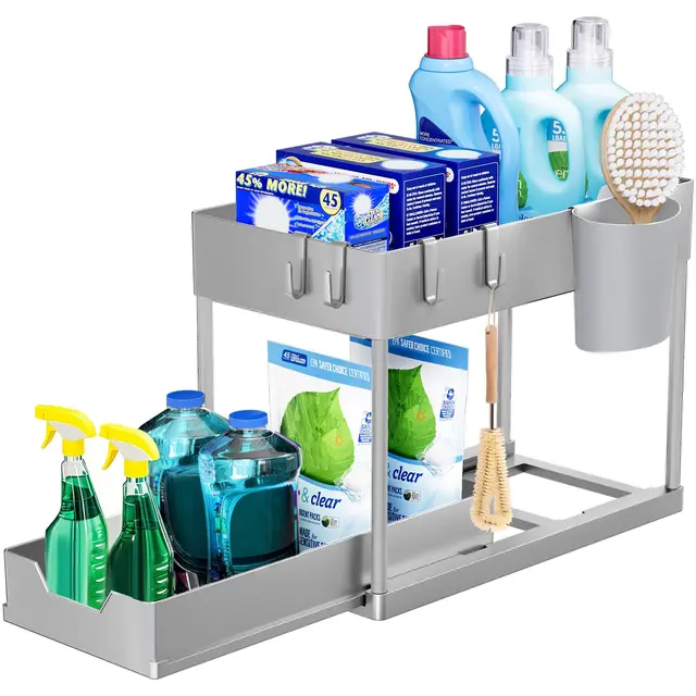 Puricon Estantería Bajo Fregadero, Estante Organizador Mueble Bajo Fregadero Cocina Lavabo -Gris