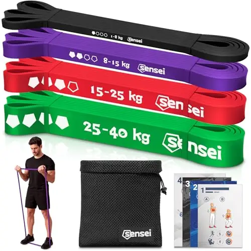 SENSEI Set de Bandas Elásticas Musculación – Cintas de Resistencia para Entrenamiento y Gimnasio – Incluye Bolsa y E-Book