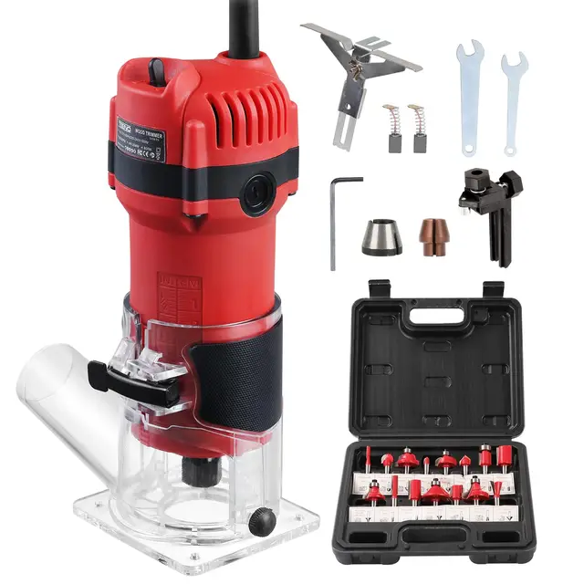 TEENO Fresadora De Madera Rebajadora Eléctrica 800W 31000 RPM CON EXTRACTOR DE POLVO, Fresadora EléCtrica Para Madera Con 15 piezas 1/4'' Alicates, Brocas de base fija de 6/6.35 mm