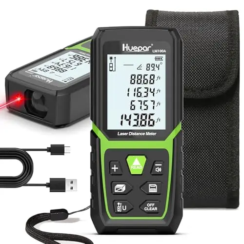 Huepar Telémetro Láser con Batería de Ion de Litio y Sensor de Ángulo Eléctrico, LCD Retroiluminado Medida Láser M/In/Ft con Alta Precisión Modos de Medición Múltiple, Pitagórico