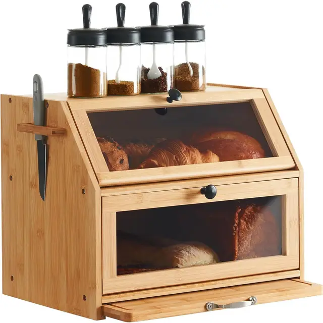 YOUDENOVA Panera Ecológica de Bambú Con Tabla de Cortar y Caja de Almacenamiento, Visualizada para Pan Tostado, 39 x 26 x 32,5 cm, Bambú Natural