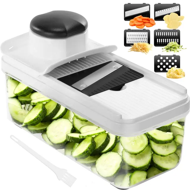 Mandolina de Cocina Profesional, Cortador de Verdura, Rallador de Verduras con 5 Cuchillas Afiladas Intercambiables, Cortador de Patatas Tomates Pepinos Queso Frutas(Negro)
