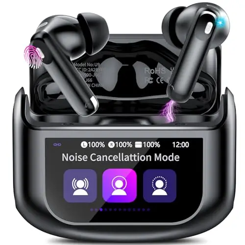Thunelec Auriculares Inalambricos con Pantalla Táctil LED, 2026 Nuevo Auriculares Bluetooth 5.4 con Reducción de Ruido ANC+ENC y HD Mic, 48H Cascos Inalambricos con HiFi Estéreo/5 Modos EQ, Negro