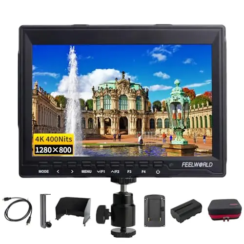 FEELWORLD FW759 7 Pulgadas Monitor de Campo con cámara,Monitor de Campo 1280X800 IPS DSLR con Full HD Enfoque de vídeo 4K HDMI Salida de Entrada 2800mAh Batería Estuche de Almacenamiento
