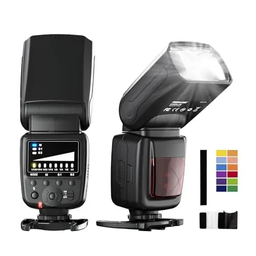 PHOTOOLEX Cámara flash Speedlite compatible con Canon, Nikon, Panasonic, Olympus Pentax y otras cámaras DSLR, cámaras digitales con zapata estándar, flash de cámara con 12 filtros de color