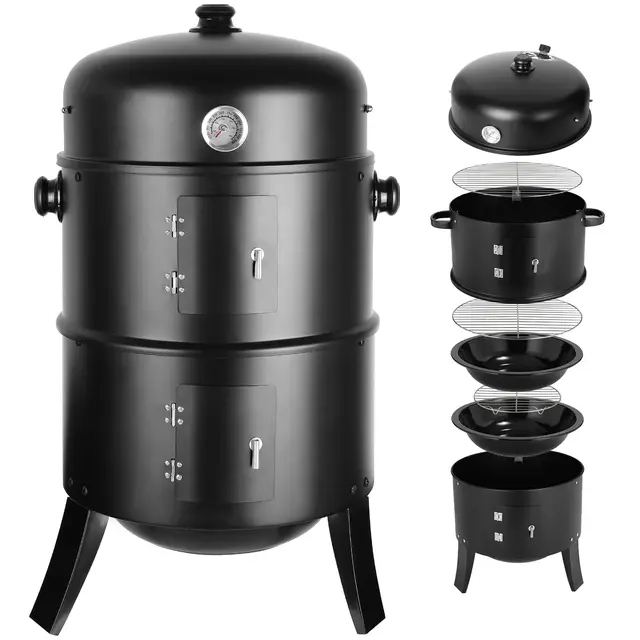 TLGREEN Ahumador 3 en 1, Smoker Barbacoa, Barril de Ahumado, Ø44,5 x 80 cm, Incluye Salida de Aire Regulable y Termómetro, Cuenco de Agua, 2 Rejillas de Barbacoa, para Ahumar, Asar y Cocinar