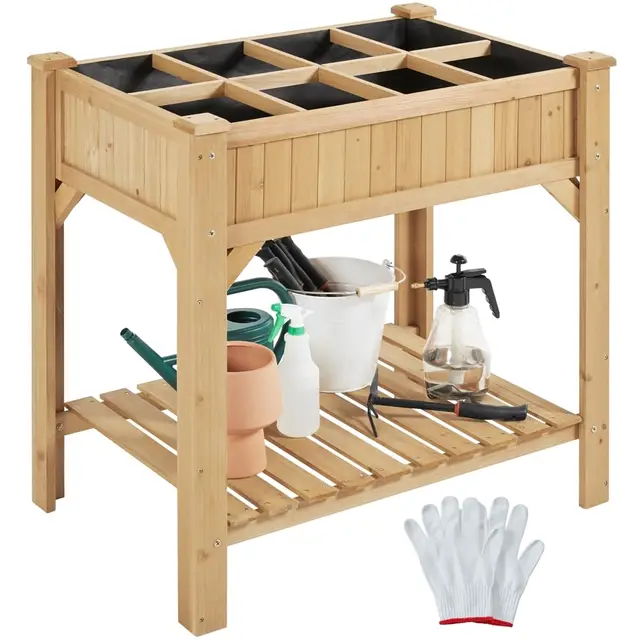 Yaheetech Huerto Urbano Exterior Mesa de Cultivo de Madera Abeto con 8 Compartimentos 91,5 x 62 x 92,5 cm con Guantes para Jardín Terraza Balcón Marrón Claro