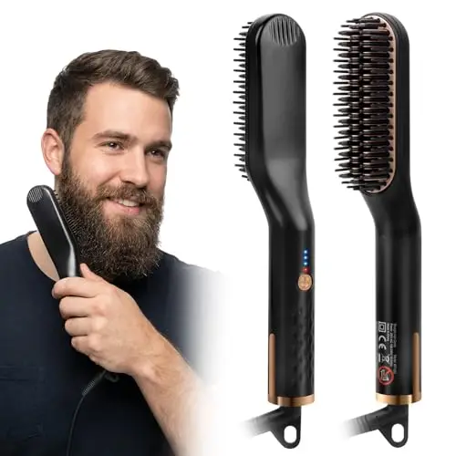Cepillo Alisador de Barba, 3 in 1 Peine Alisador Electrico para Hombres, Mini Plancha de Barba, Cepillo Alisador Barba Hombre Para Barba Larga y Corta, Temperaturas Ajustables