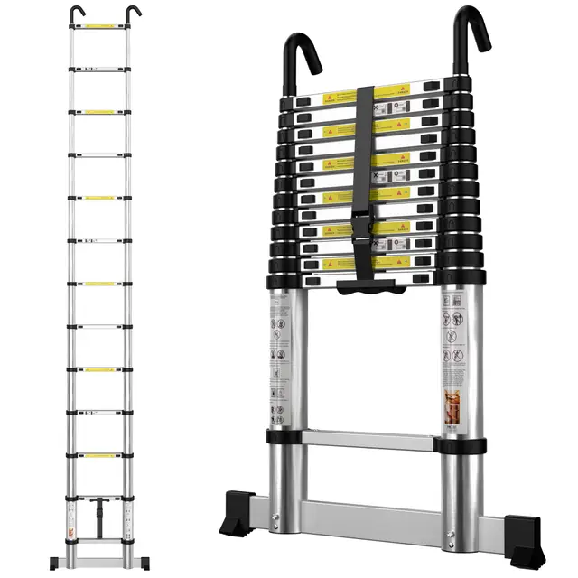 gymount Escaleras Plegables Aluminio, 3,8m Escalera Telescópica, Escalera Plegable Portátil, con Barra Estabilizadora y Ganchos Extraíbles Adecuado para Mantenimiento del hogar, Camping, Carga 150 KG