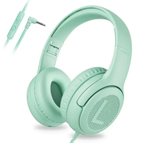 awartue Auriculares Niños con Cable Audio 3.5mm, Volumen Limitado 85/94dB, Diadema Ajustable Almohadillas Suaves, Cascos Infantiles para Clases Online/Viajes/Estudi, Verde
