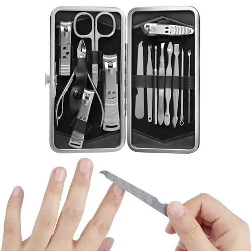 H&S Set Manicura y Pedicura Hombre y Mujer- 14uds - Kit Manicura de Acero Inoxidable Unisex - Quitacutículas y Cortauñas con Estuche de Cuero - Set Cuidado Uñas