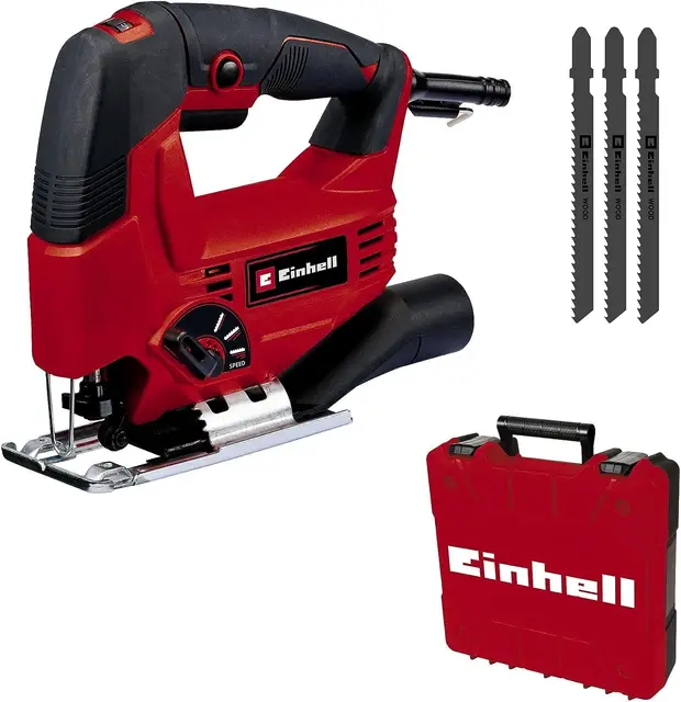 Einhell Set de sierra de calar TC-JS 80/1 (550W, 20mm de alt. de carrera, func. de carrera pendular, 80mm de profundidad en madera, 10mm en acero, 3000 min-1, incl. 3 hojas de sierra de vástago en T)