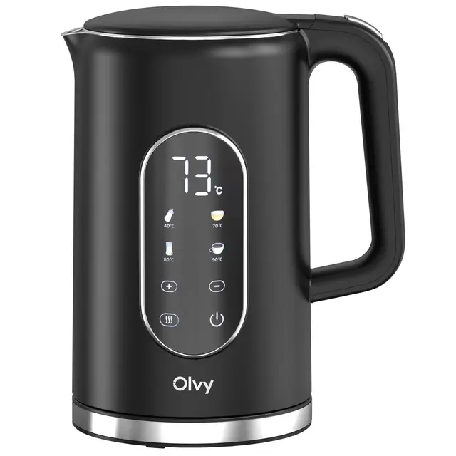 Olvy Hervidor eléctrico 1,7 L de acero inoxidable - Hervidor de agua eléctrico 2200 W con control de temperatura, función mantener caliente, calienta agua eléctrico y filtro antical (negro)
