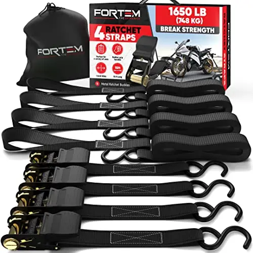 FORTEM Set de Correas de Amarre con Tensor de Trinquete, Resistencia 249 kg de Carga, 748 kg al Rompimiento, 4 Ganchos de Acero Plastificado, 4 Correas de 4.5m, 4 Hebillas (Negro)