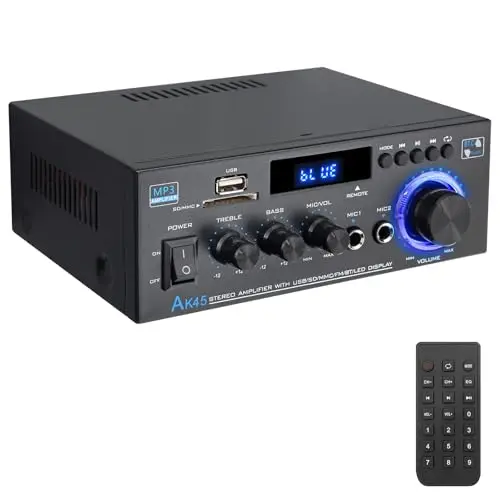 PROZOR Amplificador de Audio Bluetooth 5.0 Amplificador HiFi Estéreo 40W+40W con Pantalla LCD Amplificador Sonido Digital Función Radio FM Tarjeta TF SD Dos Microfonos para Cine en Casa, Coche