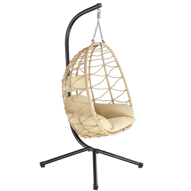 Silla Colgante con Soporte, Cojín y Almohadilla | Color Crema | Columpio Colgante para Interior y Exterior | Estructura Metálica, Columpio de Jardín/Terraza, Silla Huevo, Cesta Colgante