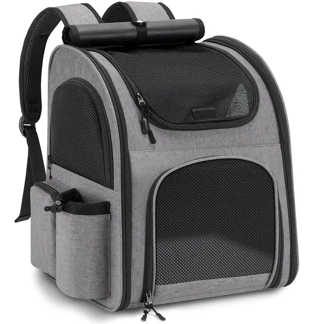 Mochila para Gatos Perros, Mochila Transportin Gato Perro 10kg, Ventanas de Malla Transpirable Bolso para Perros Pequeños Gatos Mascotas con Correa de Seguridad y Alfombra para Mascotas - Gris