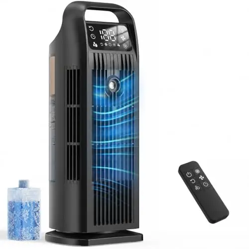 Aire Acondicionado Portátil sin Tubo, Climatizador Evaporativo 6 en 1 Bajo Consumo, Ventilador Torre Silencioso con Mando, Oscilación 120°, Depósito 1.2L, Temporizador 12H, Negro Medianoche
