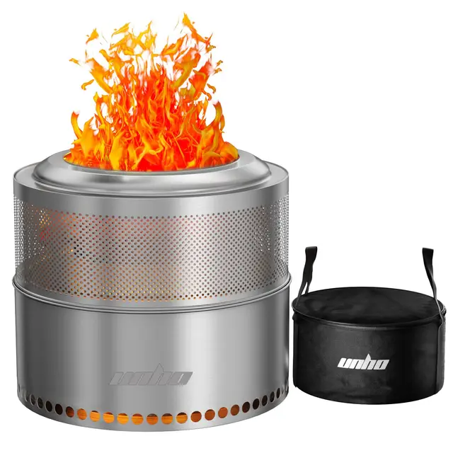 UNHO Brasero Leña de Acero Inoxidable Portátil - Estufa con Agujeros de Aire para Exterior para Jardín Camping Terraza, 50cm