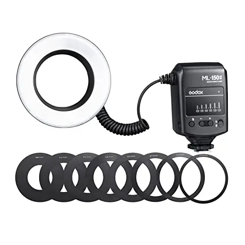 Godox ML-150II,Luz de flash para macro, universal, 11 niveles de brillo, 5800 K ± 200 K GN12 Fast Recycle 1/200s-1/5000s, con 8 anillos adaptadores, para cámara réflex Canon Nikon Sony DSLR