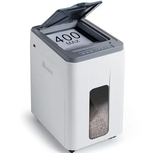 Destructora Papel Automática Profesional: 400 Hojas Microcorte P-5 Non Stop Destruye Tarjetas/Grapas con Cubo 50L para Oficina Casa Clínicas Hospitales Centros Educativos