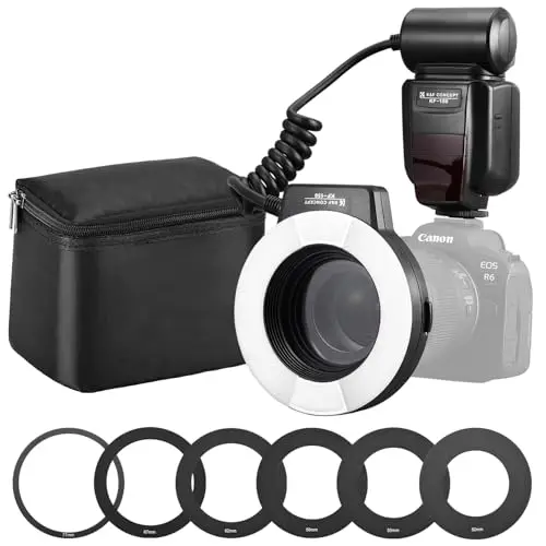 K&F CONCEPT TTL Flash anular Macro Flash anular Flashes compatibles con Canon SLR/DSLR con luz Auxiliar AF Anillos adaptadores Número guía 14