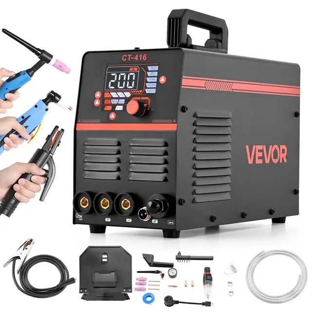 VEVOR Máquina de Soldar Combinada 3 en 1, Corte/TIG/MMA, Cortadora de Plasma de 50 A y Soldadora de Electrodo TIG de 200 A, Pantalla Digital LED con Función 2T/4T/PA/PT para Bricolaje y Talleres