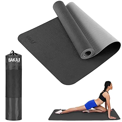 BAKAJI Esterilla de yoga de TPE ecológica, de doble capa, antideslizante, de alta densidad, colchoneta de entrenamiento de fitness, aeróbico, gimnasia, tamaño 180 x 61 cm con funda