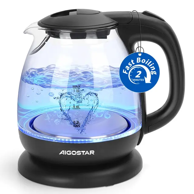 Aigostar Elfin - Hervidor agua electrico 1 litro, 2200W hervidor de agua pequeño, iluminación LED, Vidrio de borosilicato, Rápida ebullición, Libre de BPA, Negro, Portátil para el hogar o viajes