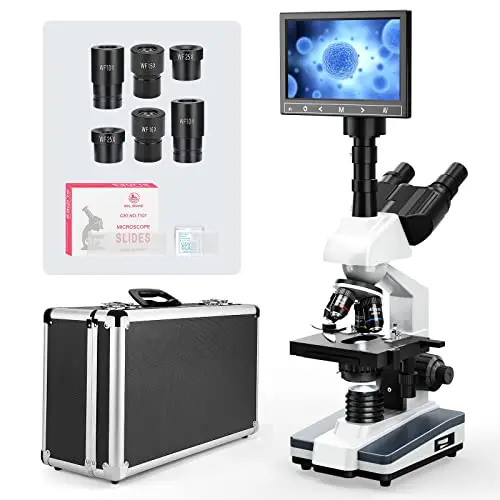 Microscopio Trinocular Vabiooth de Investigación con Magnificación de 40X-2500X,Pantalla LCD de 7",Ocular Electrónico de 5MP y Escenario Mecánico para Ganadería, Hospitales Veterinarios y Laboratorios