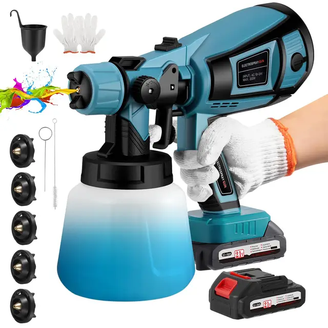 Pistola Pintura con Batería de 21 V, Pulverizador de Pintura con 3 Patrones de Rociado, HVLP Pistola con 2 Baterías de 3000 mAh y Cargador para Cercas, Paredes, Techos y Pintura del Hogar.