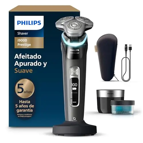 Philips i9000 Prestige, Afeitadora Eléctrica Hombre, Máquina de Afeitar Barba en Seco y Húmedo, Tecnología SkinIQ, Base de Carga, Recargable, Estuche de Viaje, Centro de limpieza, XP9207/30