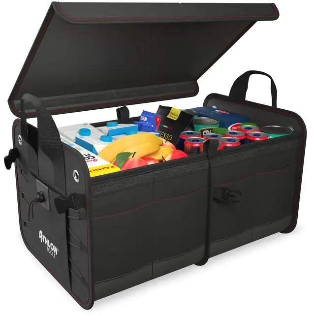 ATHLON TOOLS Bolsa de maletero prémium con tapa, XXL de 60 litros organizador de maletero, base extraestable e impermeable con cierre de tiras antideslizante