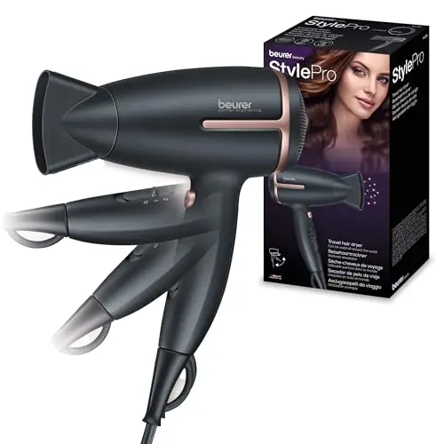 HC 25 de Beurer secador de viaje plegable con función de iones, potente secador de pelo, para un cabello suave y liso, para viajes, 1600 vatios, adaptación de tensión universal 110-120/220-240 V