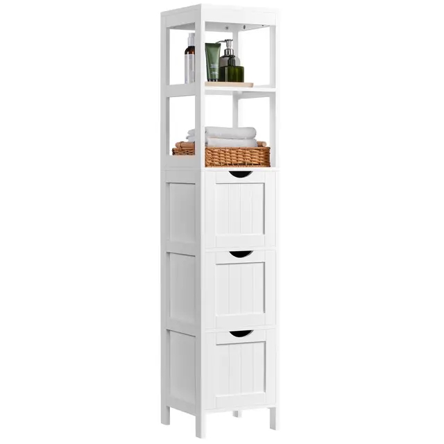 Yaheetech Armario Alta de Baño Mueble Auxiliar de Baño con 2 Estantes Abiertos y 3 Cajones 30x30x142 cm Blanco