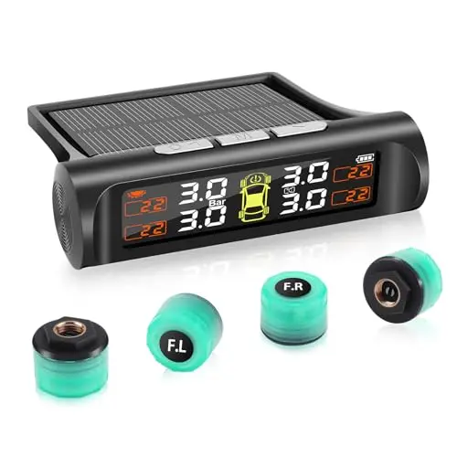 TPMS Monitoreo Presión Neumáticos, 4 Sensores Luminosas, Carga Solar/USB, 5 Funciones de Alarma, para Autocaravana/Berlina/SUV/MPV/Remolque (3.5 Bar)