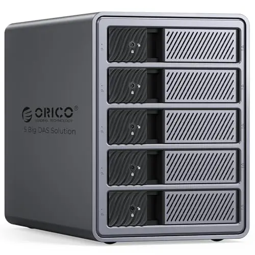 ORICO Caja de Aluminio Raid para 5 Discos Duros de 3,5 Pulgadas hasta 5X 22TB, Fuente de Alimentación de 150W Integrada, con Ventilador, Soporta Raid 0/1/5/10 (9858RU3)