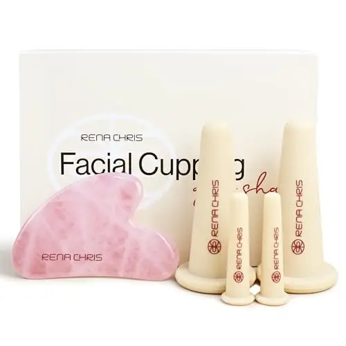 Rena Chris Set de Ventosas Faciales & Gua Sha Herramienta-Ventosas de Silicona & Piedra GuaSha de Cuarzo Rosa,Para Cuidado Natural de la Piel, Desinflamar y Volumen de Labios (Rosa)