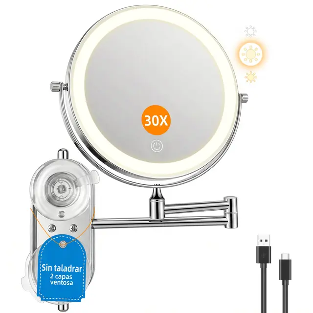 8 Pulgad Espejo Maquillaje con Luz 30X/1X – 4000mAh Espejo Aumento Baño – Aumento Recargable Doble Cara – Espejo Grande Baño Pared Brazo Extensible USB - 3 Colores Brillo Regulable para Hotel, SPA