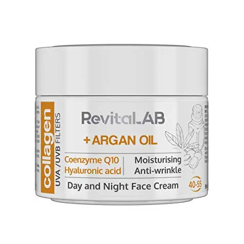 RevitaLAB - Crema hidratante antiarrugas de día y de noche con colágeno enriquecida con ácido hialurónico, Q10, aceite de argán y un filtro UVA/UVB, franja de edad 40-55, 50 ml