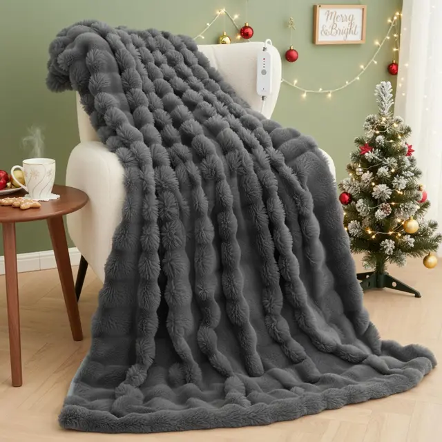 Manta Eléctrica Calefactora 130x180cm, Bunny Fleece & Franela, 4 Ajustes de Calor & Auto-Apagado 10H, Manta Térmica Lavable a Máquina Calentamiento Rápido para Cama Sofá Oficina (Gris Oscuro)