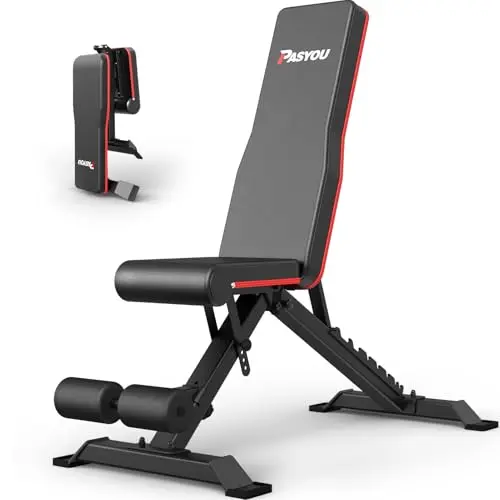 PASYOU Banco de pesas plegable con 9x4x3 posiciones ajustables, banco inclinado multifunción como entrenador de abdomen y espalda para el hogar, carga máxima de 318 kg