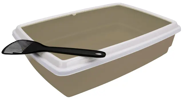 Aimé | Caja de Arena para Gatos | Arena Gatos Con Borde y Pala | Arenero Gato Facil de Limpiar | Caja Higiénica Fácil de Limpiar de Plástico | Color Topo | 44 x 34 x 11 cm