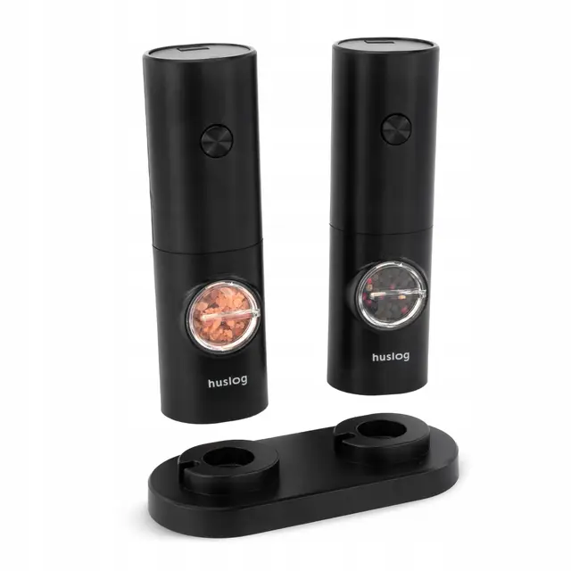 Molinillos Eléctricos de Sal y Pimienta Automáticos por Gravedad con Luz LED al Moler, 70 ml, Uso con Baterías (4xAAA), Grosor Ajustable, Incluye Base y Cepillo de Limpieza, Negro