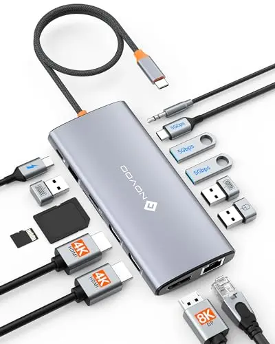 NOVOO Estación de acoplamiento con triple pantalla, 14 en 1 de USB C a doble HDMI 4K 60Hz Adaptador con DP 8K a 30Hz, 6 puertos USB C/A, PD de 100W, RJ45, SD/TF, 3.5 mm Audio para MacBook/Dell/HP