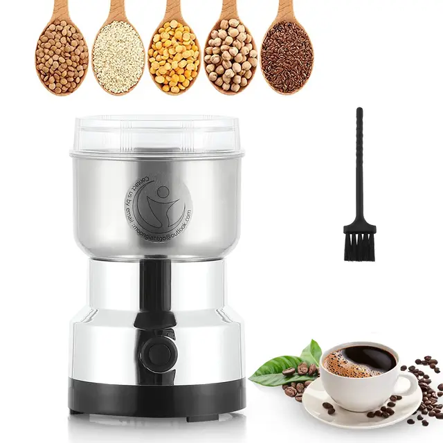 Moongiantgo Molino Multifuncional 200W 14500rpm, Molino de Cereales Eléctrico Portátil 300ml, Molinillo de Café Ultrafino, Acero Inoxidable, Ideal para Materiales Secos, Especias, Hierba, Café (Plata)