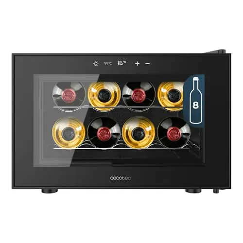 Cecotec Vinoteca 8 Botellas Bolero GrandSommelier 800H CoolCrystal E. Estantes Metálicos, Control Táctil, Temperatura 8 a 18ºC, Temperatura 8 a 18ºC, Negra
