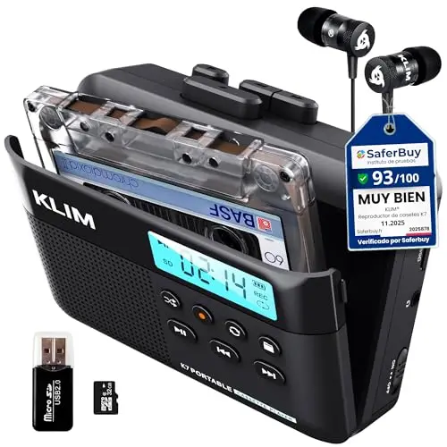 KLIM K7 Reproductor Cassette - Nuevo - Conversor de Cassette a MP3 - Cassette Player Portátil con Micrófono y Altavoz Integrados - Batería Recargable - Auriculares - Tarjeta SD 32 GB - Negro