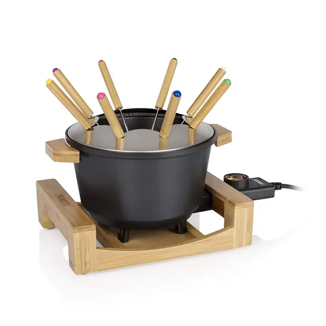 Princess 173025 Fondue Pure con carcasa de bambú y volumen de 1.5 L, adecuada para 8 personas para fondue de queso, chocolate, caldo o aceite, olla de aluminio fundido a presión, 800 W, Negro y bambú