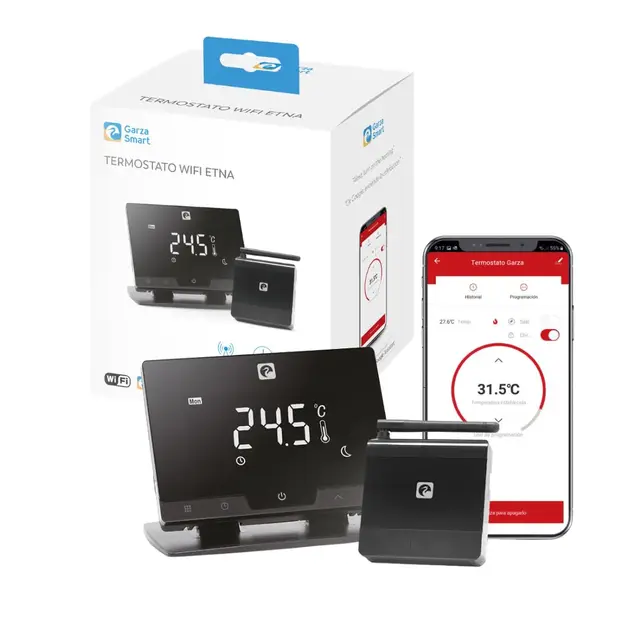 Garza - Termostato de 2 Hilos Wi-Fi Inteligente para Caldera y Calefacción, con Adaptador, Medidor Consumo, Control táctil, Detección Ventanas Abiertas, Control App y Voz, Alexa/Google
